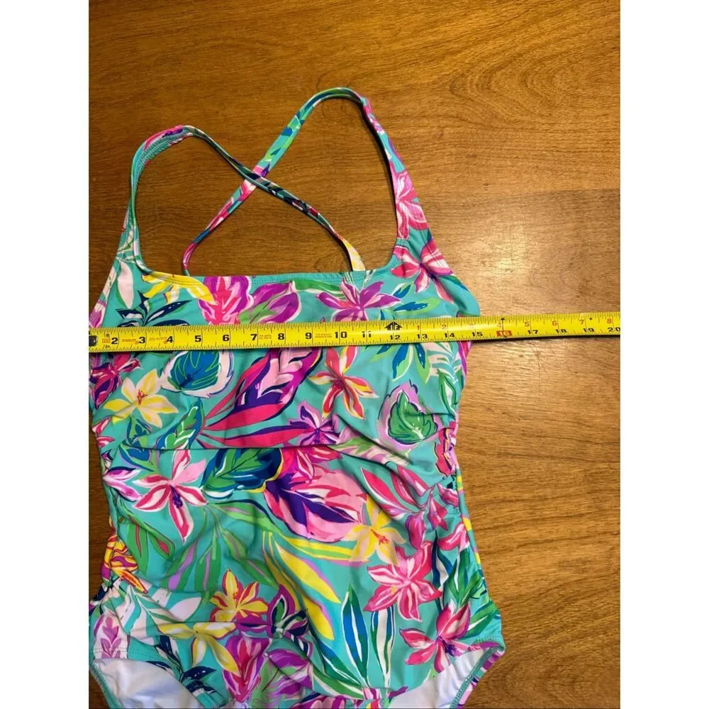 Stella Parker Women's Shirred Island Time One-Piece Swimsuit Green Pink Size XL